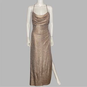 Night Way Beautiful Bronze Metallic Cowl Neck Strappy Back‎ Gown With Leg Slit